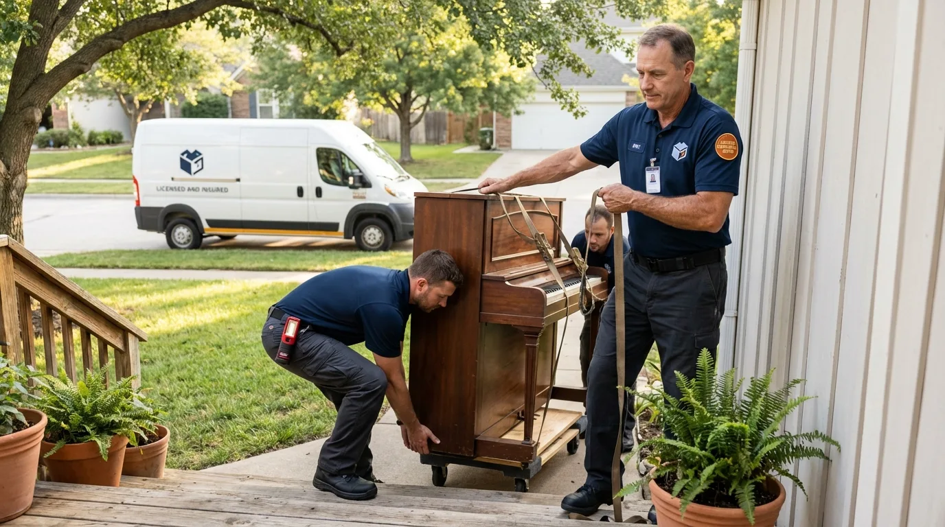 Licensed piano movers securing grand piano in Aberdeen, ID