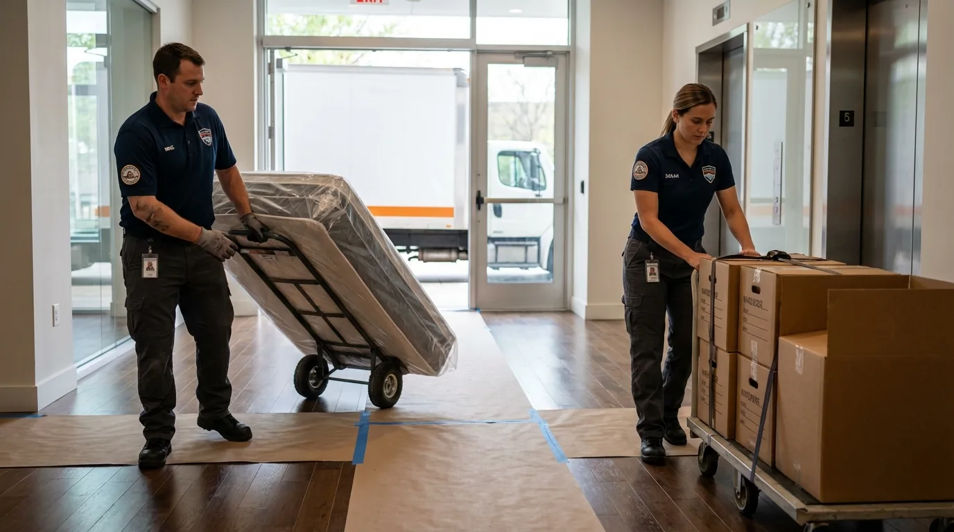 Professional apartment movers loading elevator in Aberdeen, ID