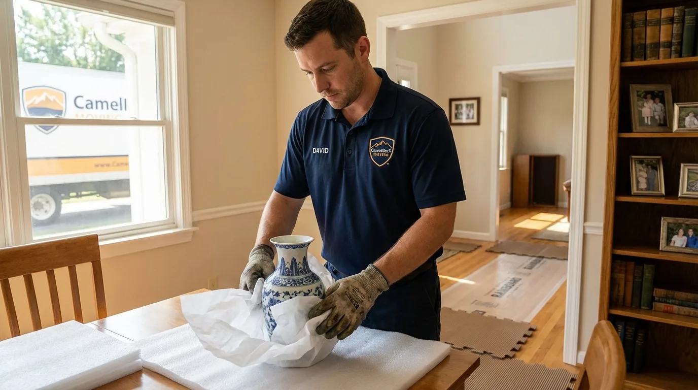 Professional crew carefully wrapping antique vase for senior downsizing move in Aberdeen, ID